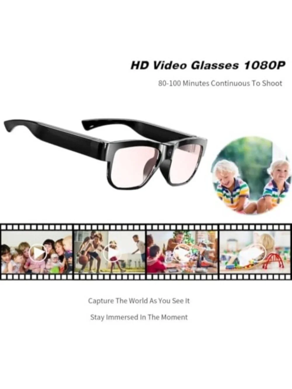 Camera Glasses Smart Glasses with Camera Outdoor Video Recording Wearable Black
